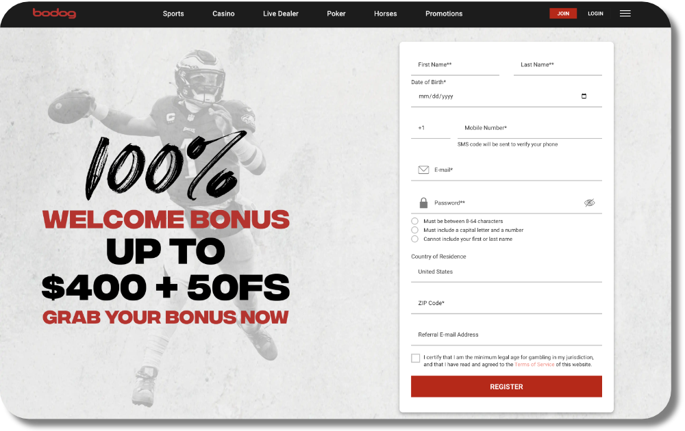 a screenshot of the bodog sportsbook sports betting welcome bonus page