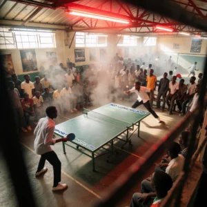 an image depicting a steamy Lagos gym, where a young Nigerian table-tennis player named Adebowale Akinyemi Wilson lost a first-round match