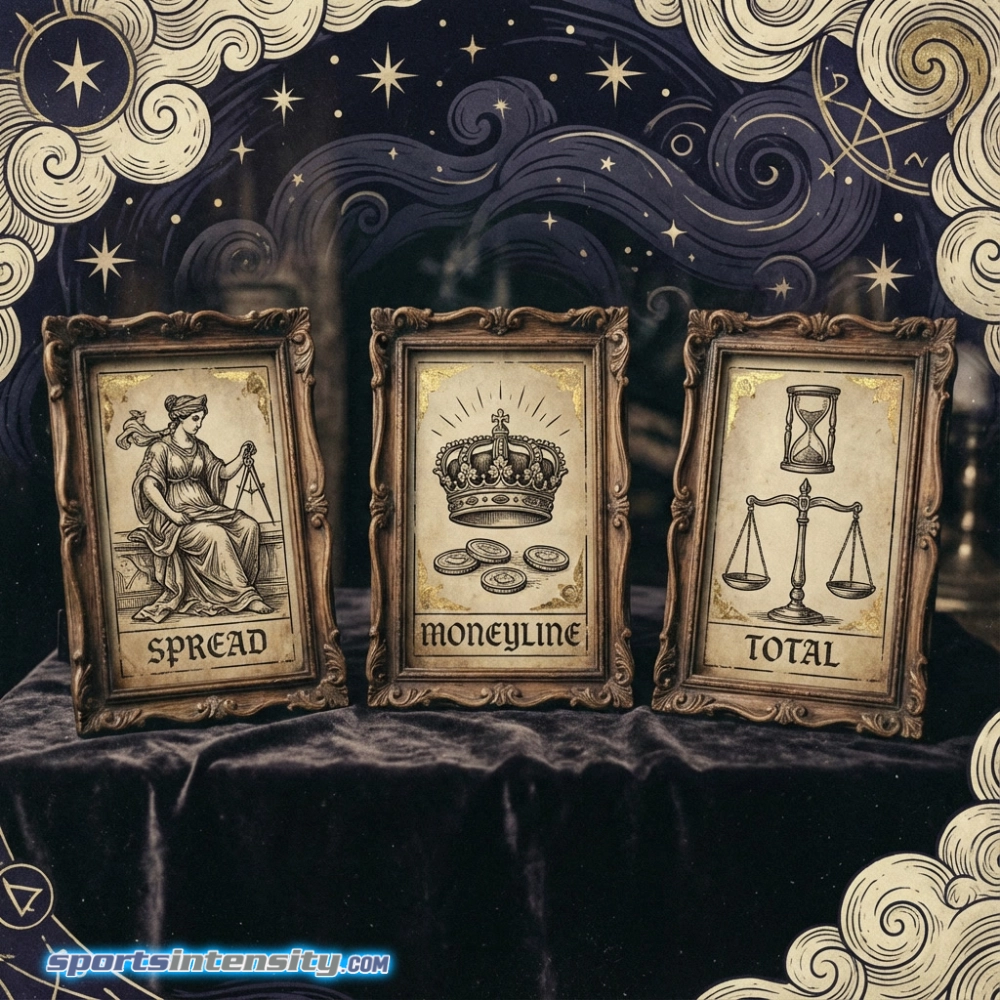 the point spread, the moneyline, and the total, as represented by tarot cards