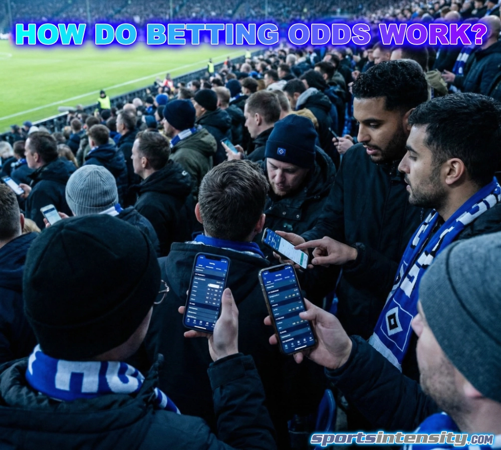 a group of football fans gazing puzzledly at their phones asking how do betting lines work