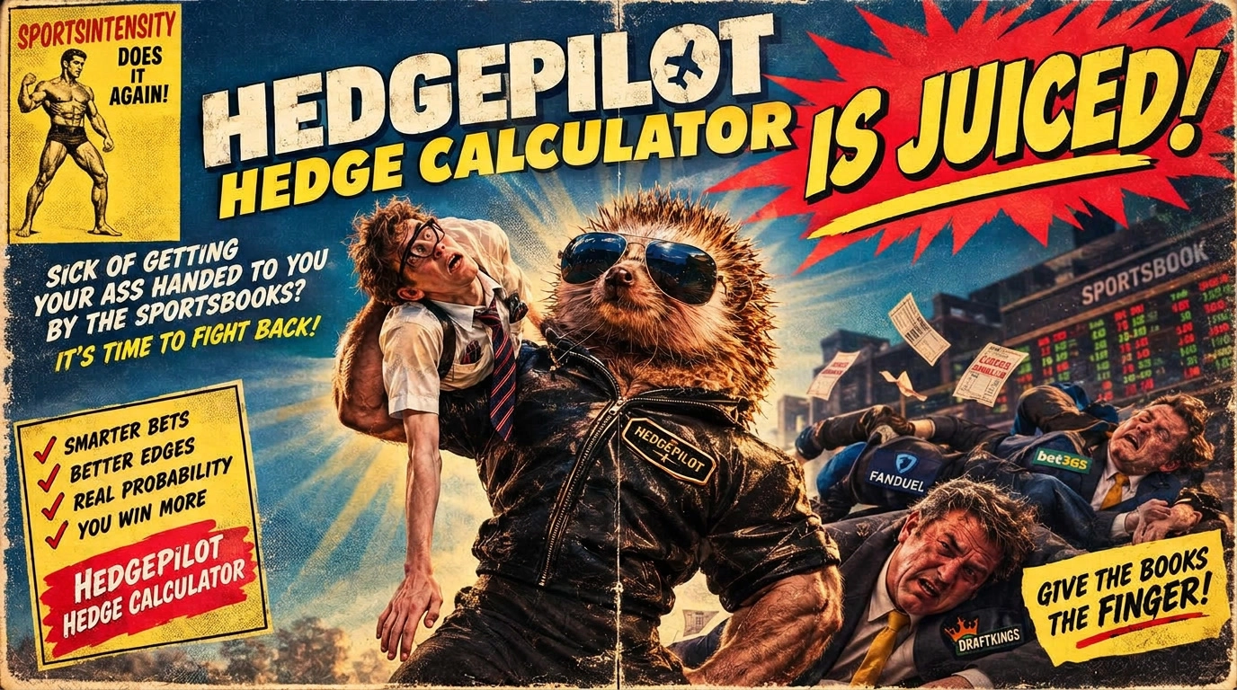 a poster in the style of a vintage comic book ad for charles atlas' bodybuilding, for the hedge pilot hedge calculator, for scrawny sports bettors sick of getting their asses handed to them by the sportsbooks 