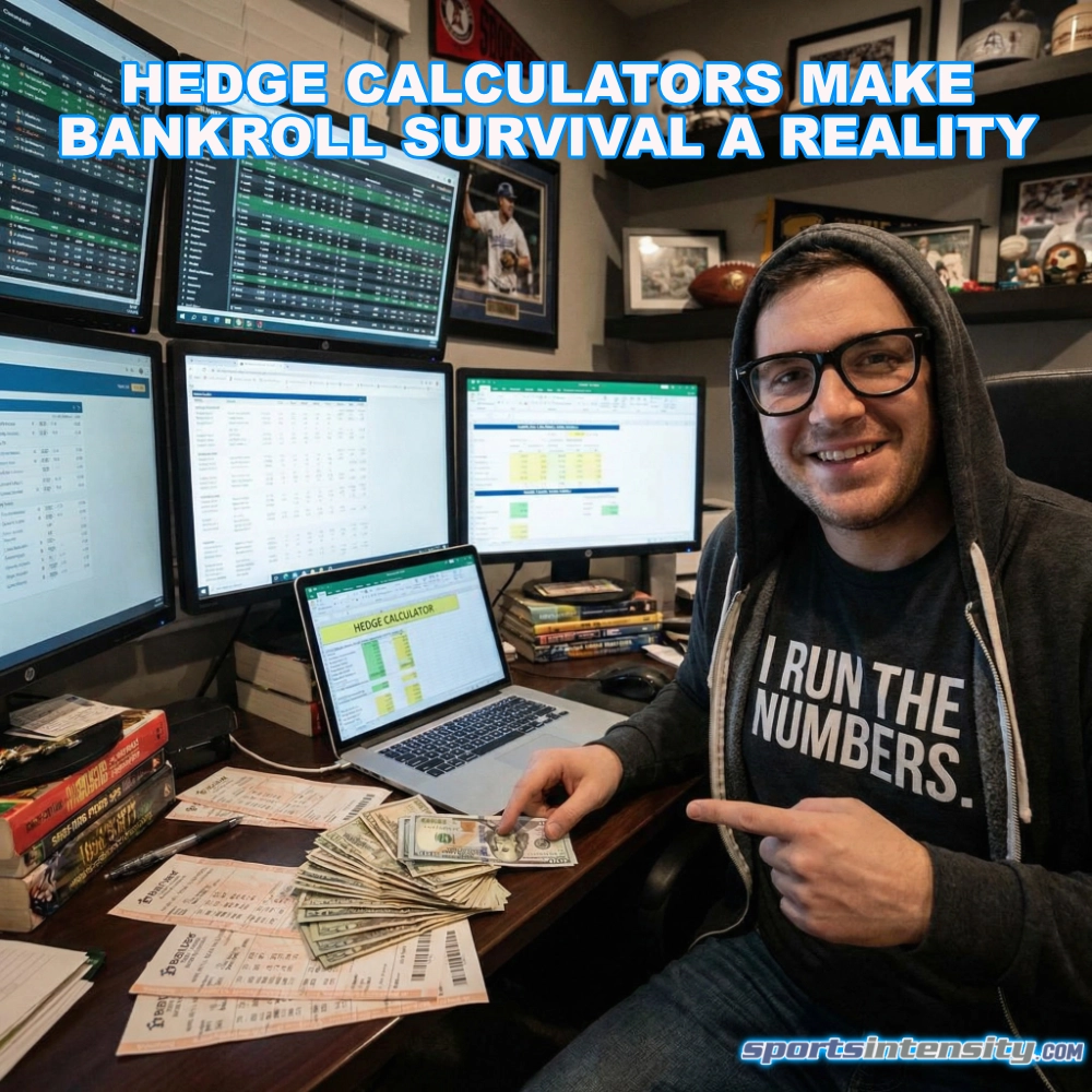 a happy sports bettor showing off his profits after using a hedging calculator to gain an edge