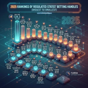 image illustrating the 2025 sports betting handle rankings by dollar amount from largest to smallest of the united states