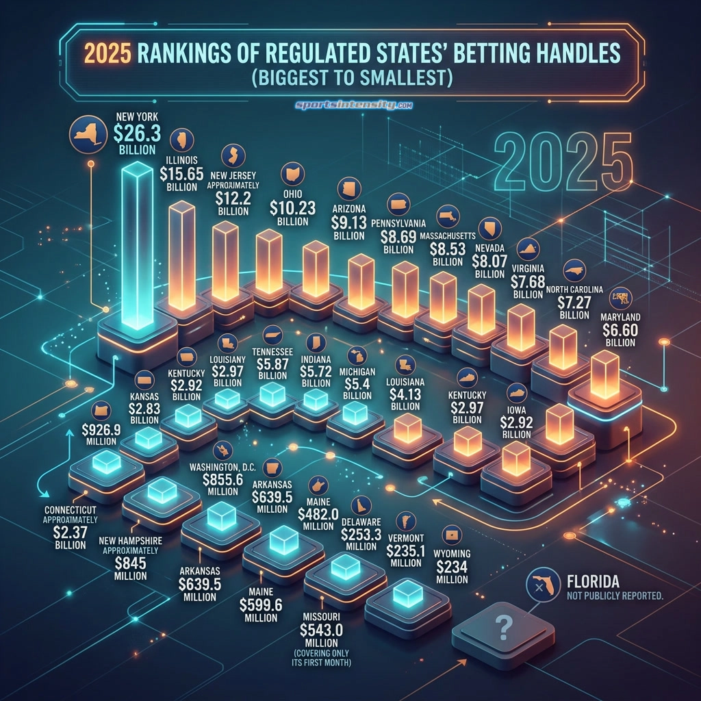 image illustrating the 2025 sports betting handle rankings by dollar amount from largest to smallest of the united states