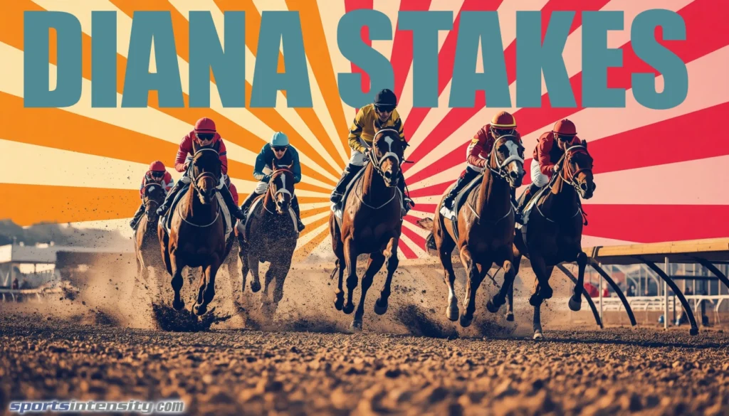 an image of jockeys urging their hoerse at full gallop around the track at the diana stakes.