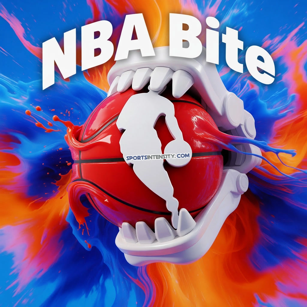 an image of a set of NBA bite mechanical fangs chomping into a basketball and basketball player