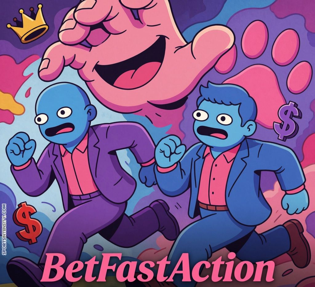 an image depicting two betfastaction bettors running from a monstrous hand