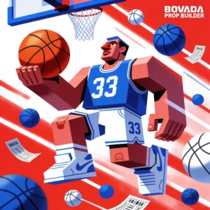 an image of a baskbetball player player doing a layup surrounded by bovada prop builder betslips