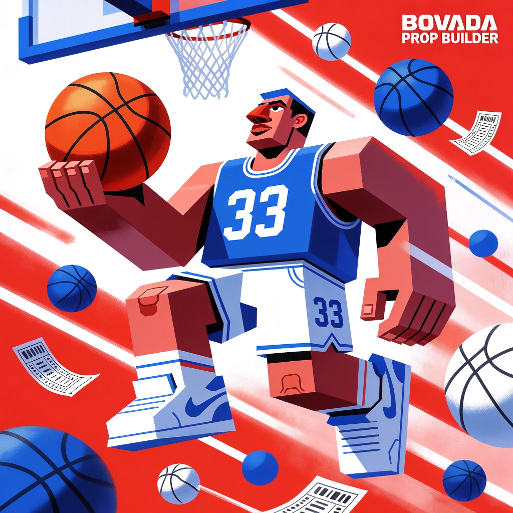 an image of a baskbetball player player doing a layup surrounded by bovada prop builder betslips