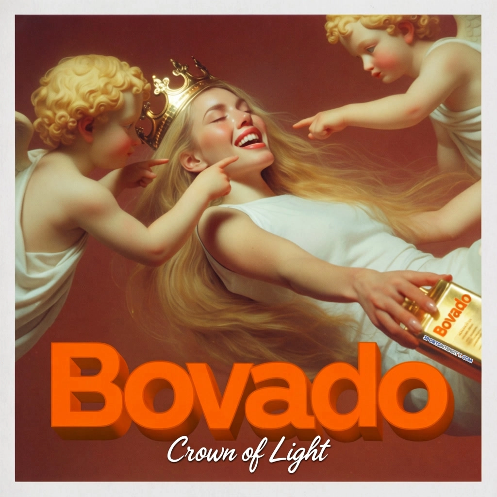 an image depicting two angels annoucing bovado as a can of ambrosia that has transformed a woman into a god wearing a crown of light