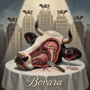an image depicting Bovara as a cow's head served as a delicacy