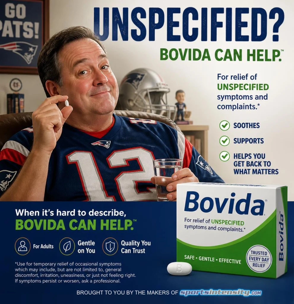 an poster depicting a man happily taking Bovida for an unspecified complaint