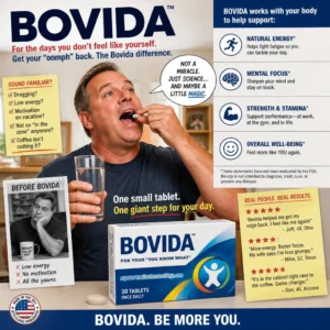 an image depicting a man taking bovida as a cure for whatever
