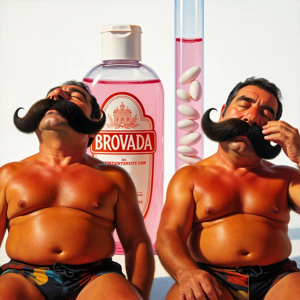 an image of two men exhibiting perfect Brovada: suntanned to perfection, mustachioed as gods, and hung over as devils.
