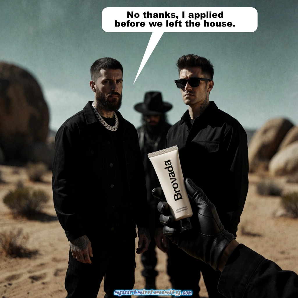an image depicting a gloved hand offering Brovada sunscreen to two stylish tough guys