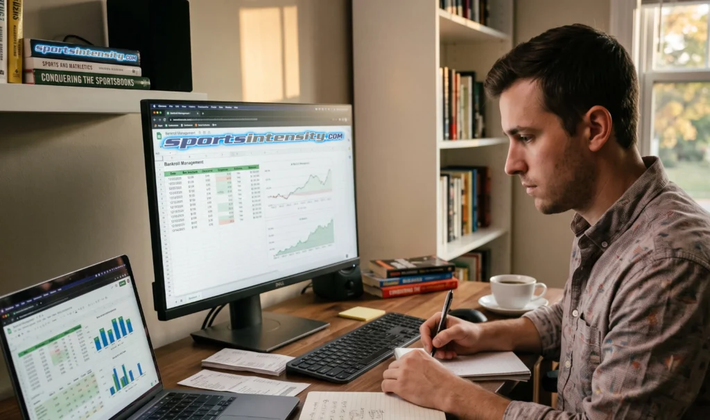 an image depictying a sports bettor keeping merticulous records in bankroll management spreadsheets