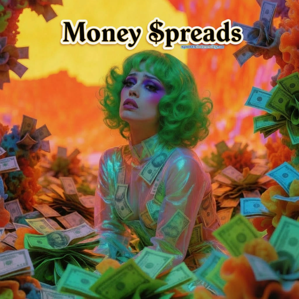 a surreal image of a dolorous woman in a transparent vinyl dress filled with dollar bills surrounded by money spreads