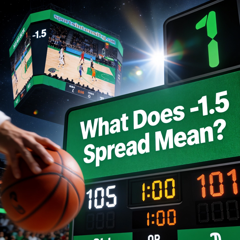 an image of an nba scoreboard with the question What Does -1.5 Spread Mean printed on it