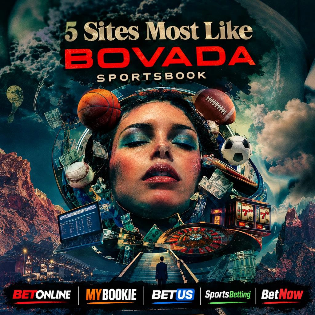 a surreal image depicting a woman dreaming of 5 sites like bovada