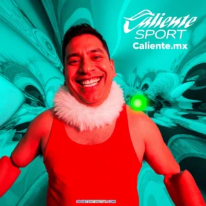Una imagen surrealista de un apostador deportivo feliz tras ganar una apuesta en Caliente MX Sport.