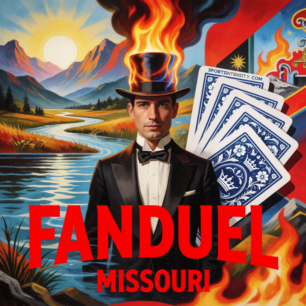 a surreal image of a man wading across the mississippi river to get to Missouri so he can bet at FanDuel Missouri