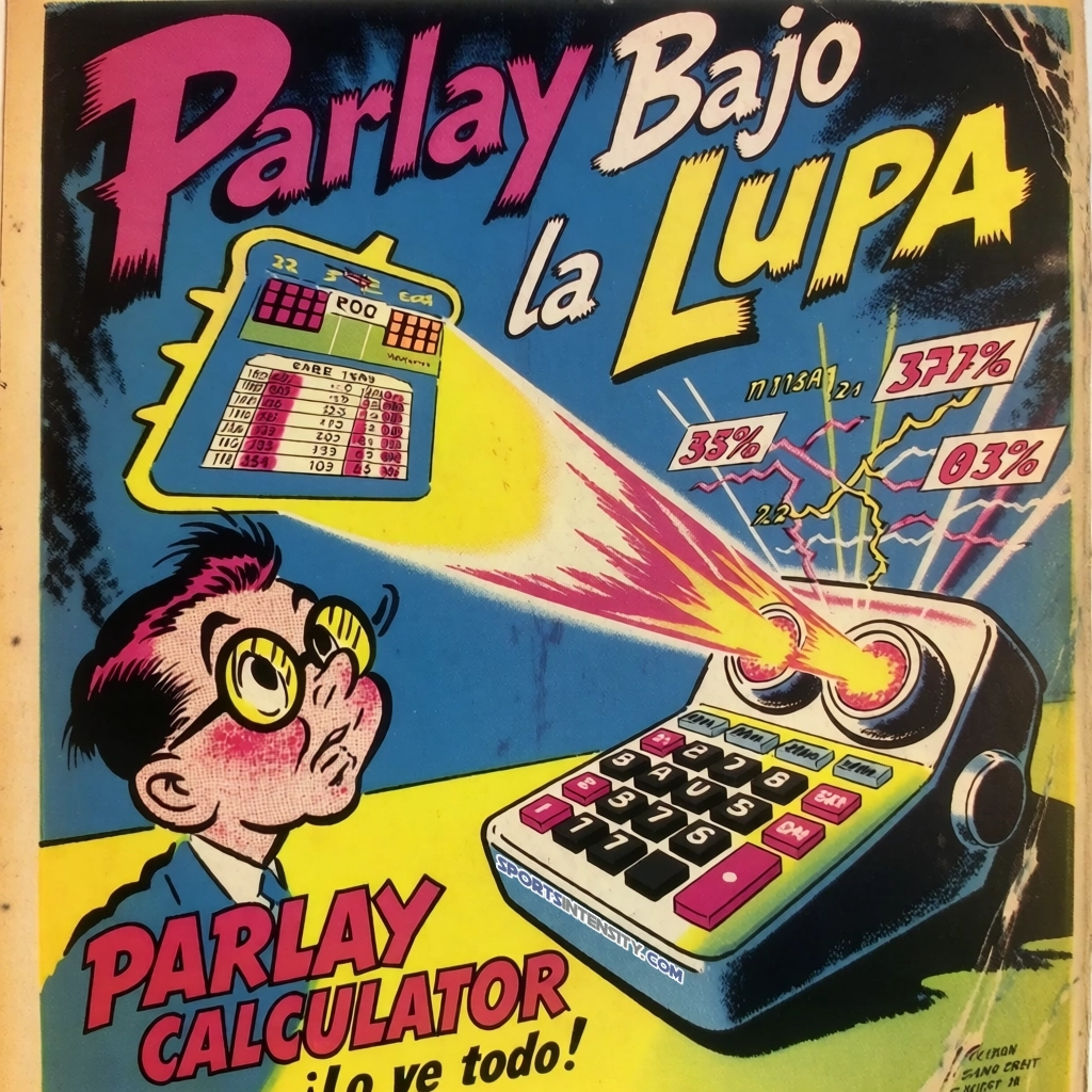 Una imagen al estilo de un anuncio antiguo que muestra a un apostador deportivo utilizando una calculadora de apuestas combinadas que «lo ve todo».
