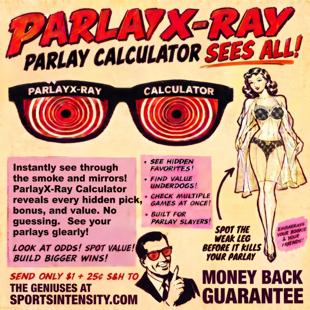 poster in the style of vintage comic book ads for x-ray glasses advertising the sportsintensity parlayx-ray parlay calculator