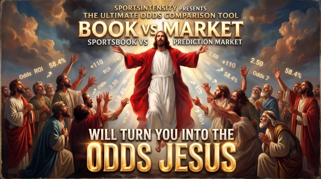 an image depicting the user of the book vs market sportsbook and prediction market odds comparison tool as an all-knowing all-seeing "odds jesus"