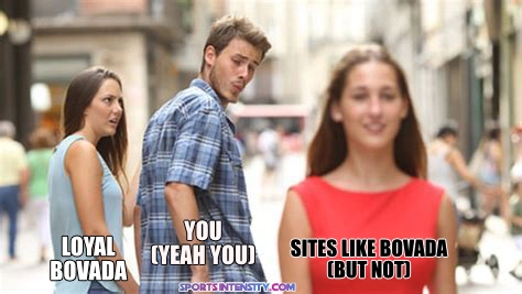 popular meme image of a guy with his girlfriend looking at another woman, portraying his girlfriend as bovada and the other woman as sites like bovada