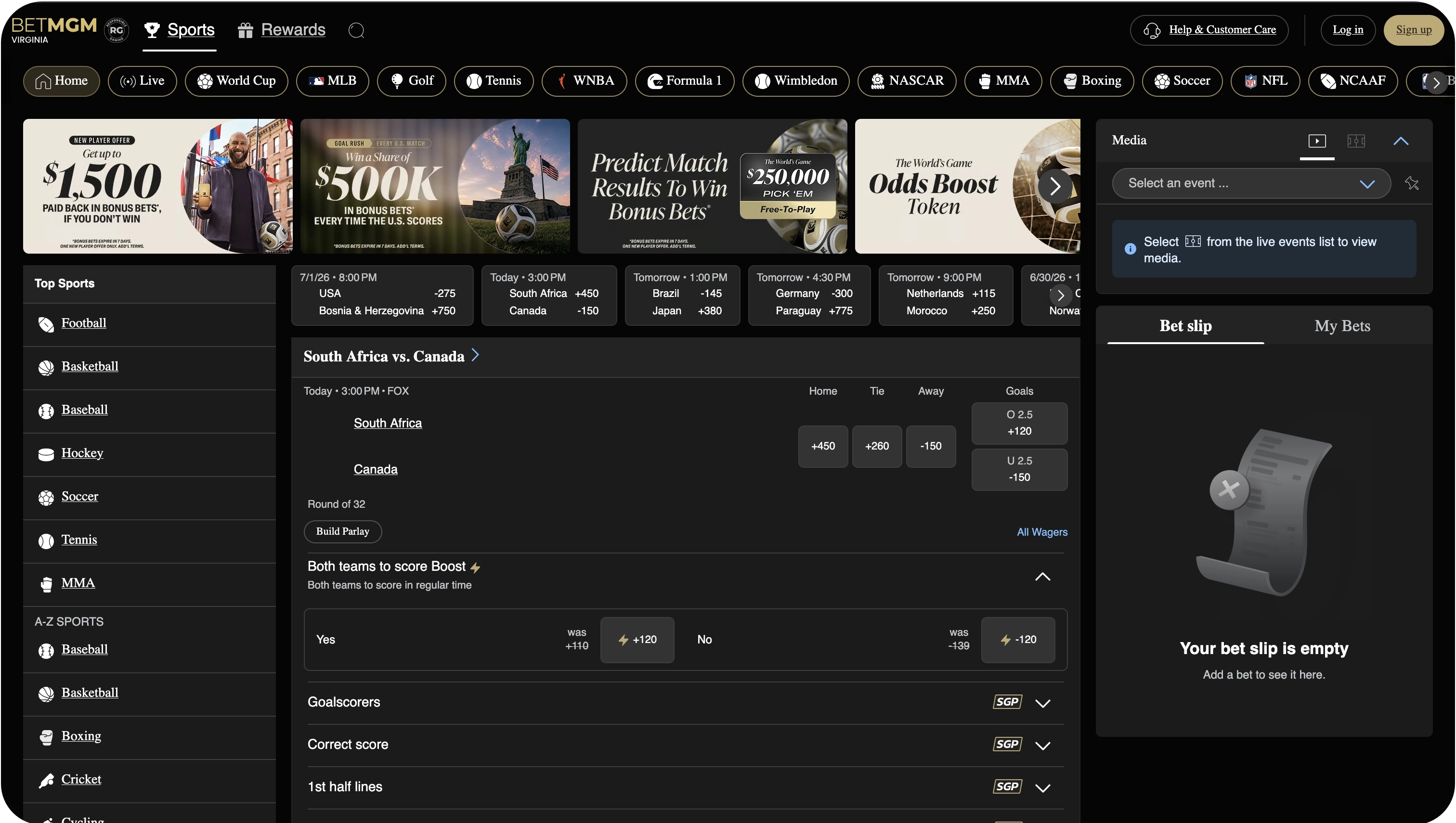 BetMGM Sportsbook home screen