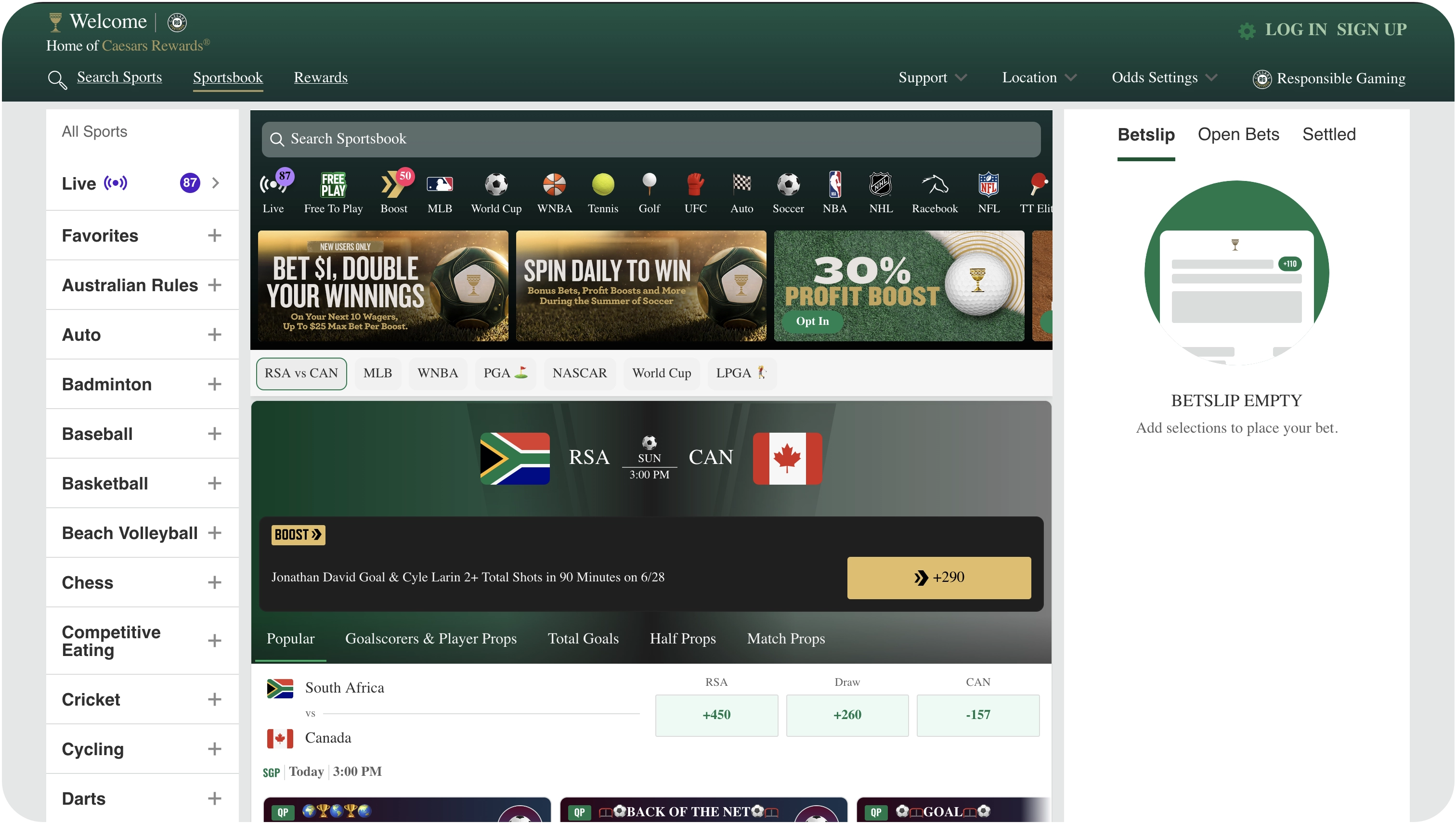 Caesars Sportsbook home screen