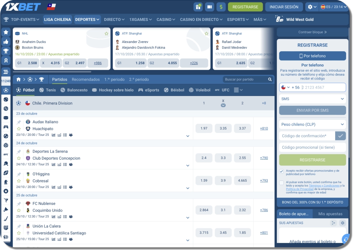 1XBet Chile: página de apuestas deportivas en escritorio