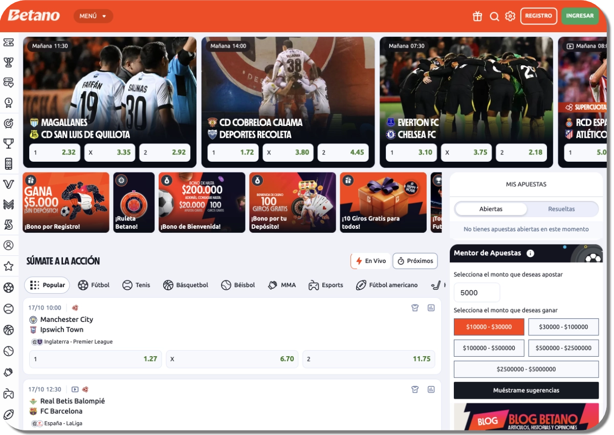 Betano Chile: página de apuestas deportivas en escritorio