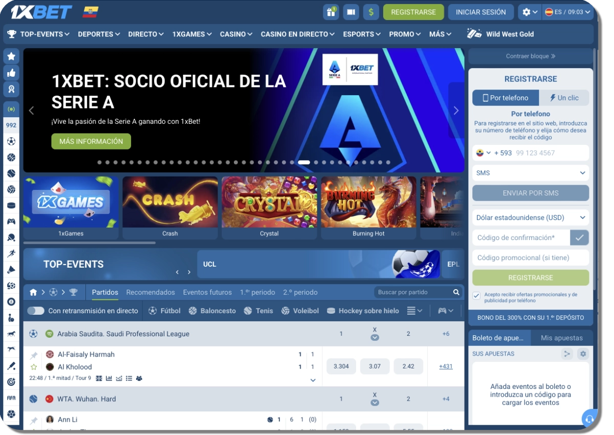 1XBet Ecuador: página de apuestas deportivas en escritorio