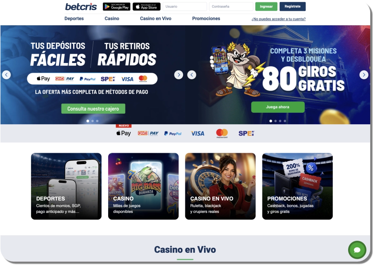 BetCRIS México: página de apuestas deportivas en escritorio